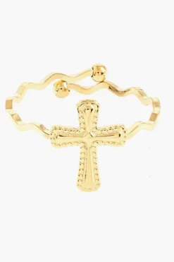 Anillo ajustable de acero dorado cruz