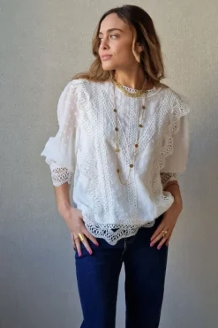 Blusa blanca de plumeti con puntilla