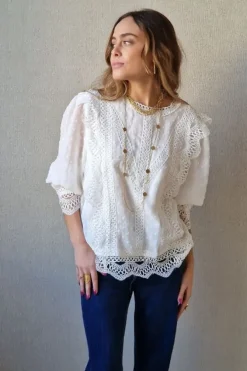 Blusa blanca de plumeti con puntilla
