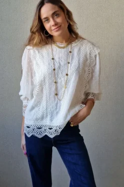 Blusa blanca de plumeti con puntilla