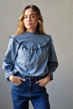 Blusa con volante en el cuello y mangas azul jean