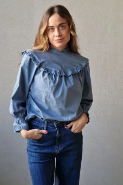 Blusa con volante en el cuello y mangas azul jean
