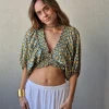 blusa corta goma azul y mostaza