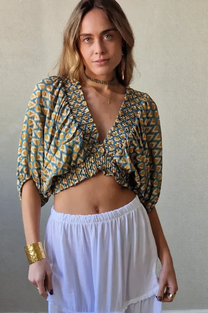 blusa corta goma azul y mostaza