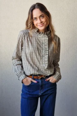 Blusa cuadros con volantes verde
