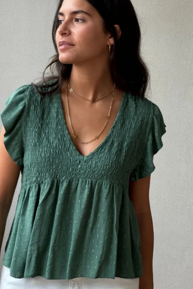 Blusa cuello pico con detalles lurex verde