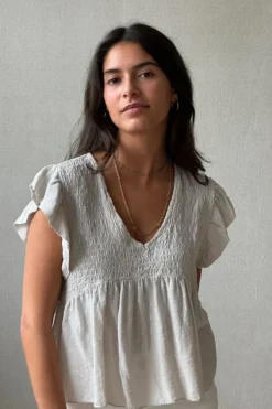 Blusa cuello pico con detalles lurex beige