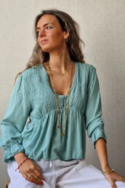 Blusa cuello pico con detalles lurex verde