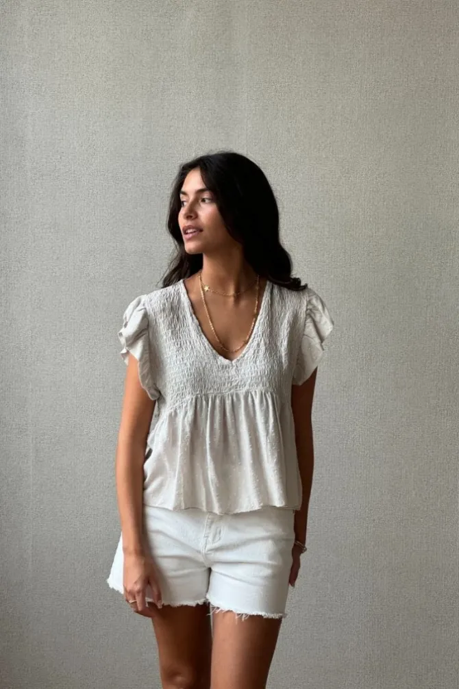 Blusa cuello pico con detalles lurex beige