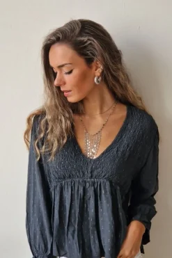 Blusa cuello pico con detalles lurex gris