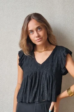 Blusa cuello pico con detalles lurex negra