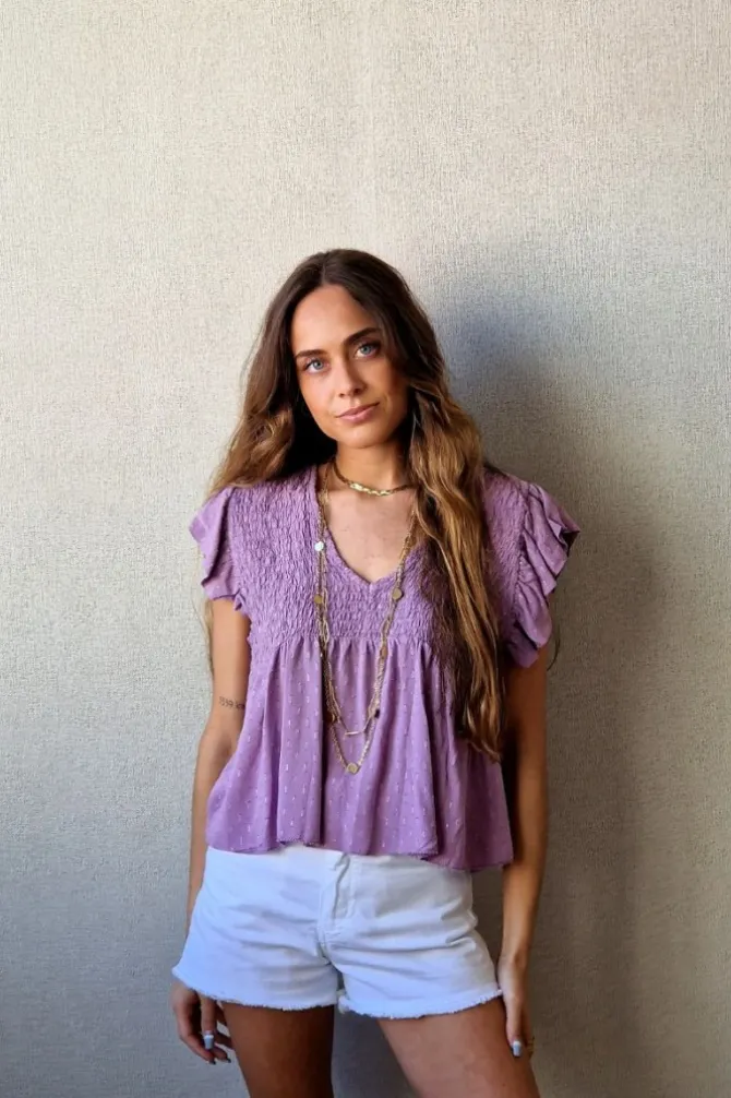 Blusa cuello pico con detalles lurex lila