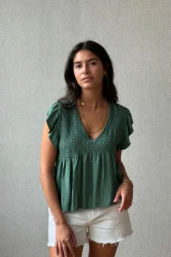 Blusa cuello pico con detalles lurex verde
