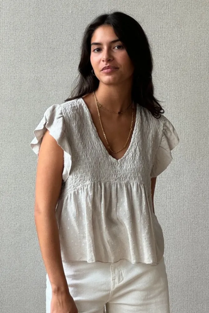 Blusa cuello pico con detalles lurex beige