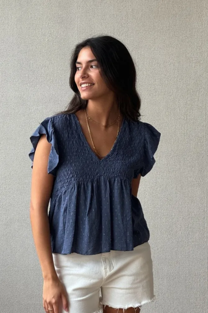 Blusa cuello pico con detalles lurex marino