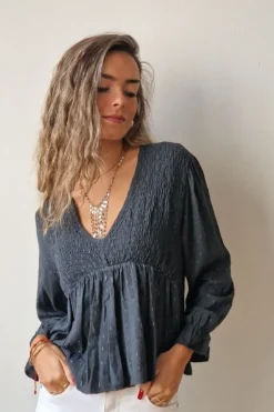 Blusa cuello pico con detalles lurex gris