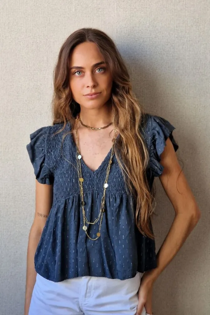 Blusa cuello pico con detalles lurex gris oscuro