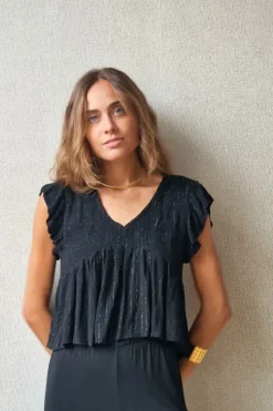Blusa cuello pico con detalles lurex negra