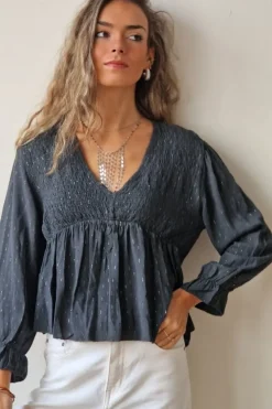 Blusa cuello pico con detalles lurex gris