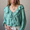 Blusa cuello pico con volantes verde mint