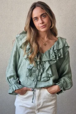 Blusa cuello pico con volantes verde militar