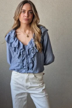 Blusa cuello pico con volantes azul jean