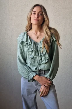 Blusa cuello pico con volantes verde militar