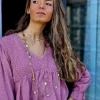 Blusa cuello pico de rayas lurex lila