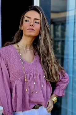 Blusa cuello pico de rayas lurex lila