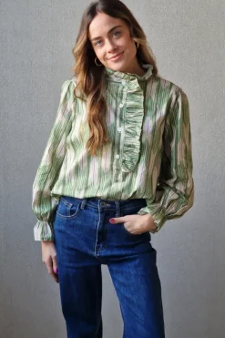 Blusa estampado de rayas y volante verde