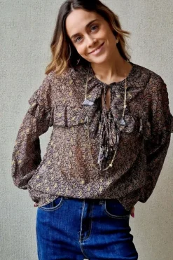 Blusa tipo gasa de flores negra