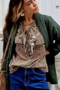 Blusa tipo gasa de flores verde militar