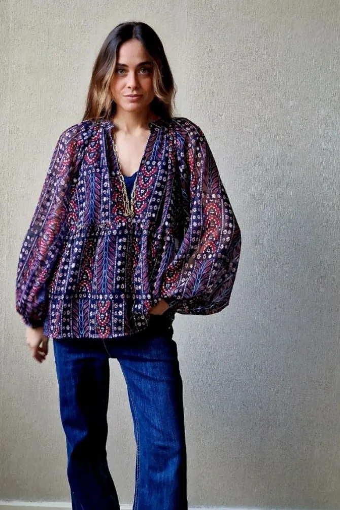 Blusa transparente de gasa azul marino