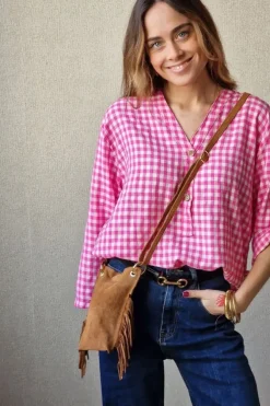 Blusa vichy con botones fucsia