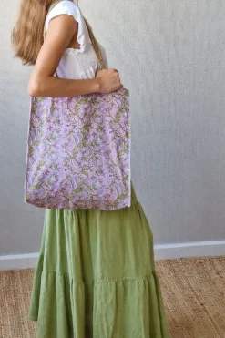 Bolsa de yute color rosa y pistacho con telas estampadas