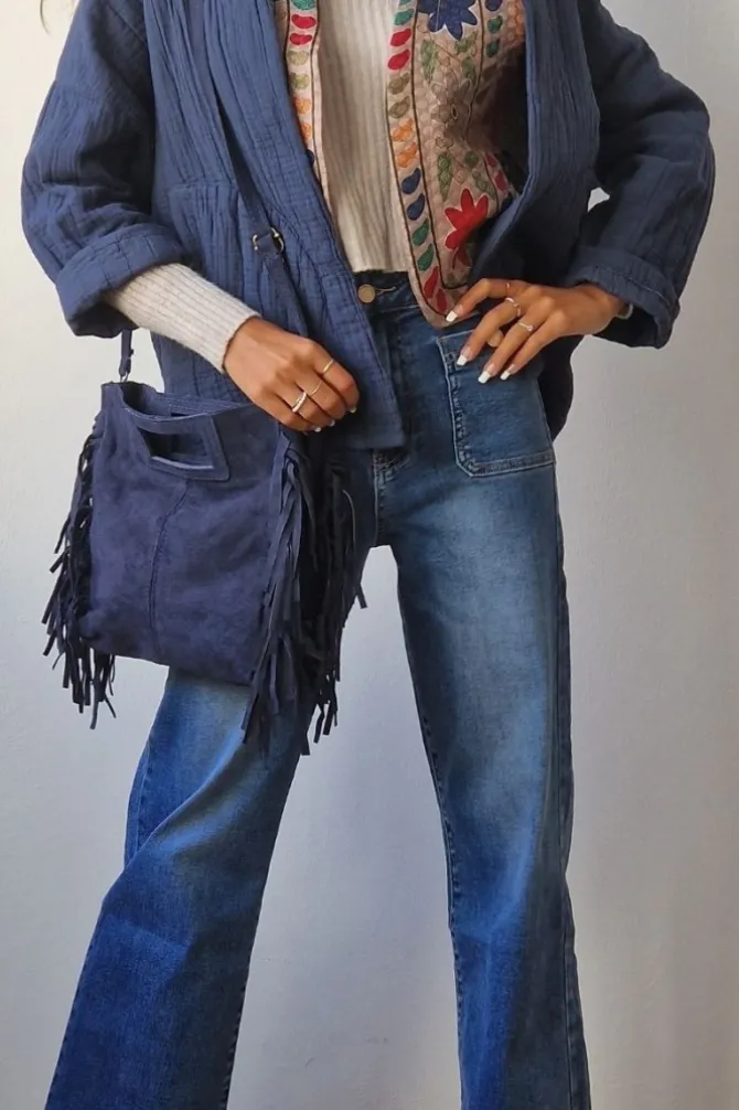 Bolso de ante con flecos azul marino