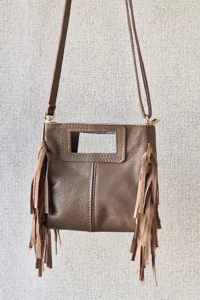 Bolso de piel con flecos pequeño topo