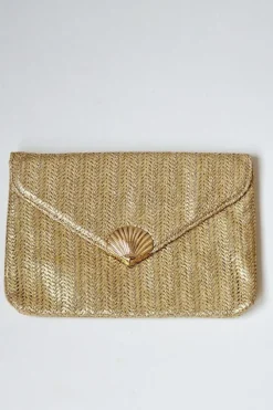 Bolso fiesta tipo rafia dorado y concha