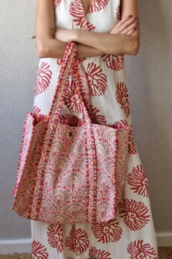 Bolso indio reversible verde flores y rayas coral y rosa