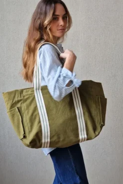 Bolso loneta verde militar con asas crudas