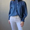 Camisa cuello alto fruncido azul