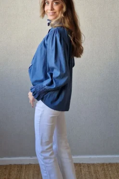 Camisa cuello alto fruncido azul