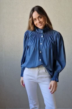 Camisa cuello alto fruncido azul