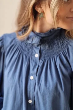 Camisa cuello alto fruncido azul