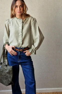 Camisa de cuadros vichy con volante verde