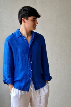 Camisa de lino hombre azulón