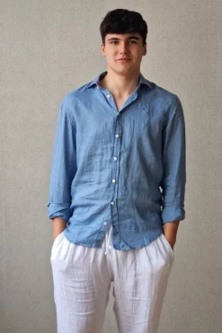 Camisa de lino hombre azul