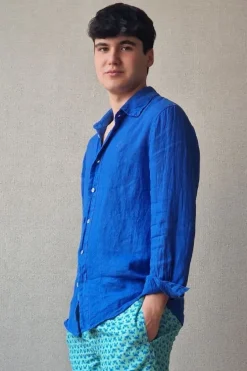 Camisa de lino hombre azulón
