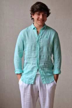 Camisa de lino hombre cuello americano verde mint