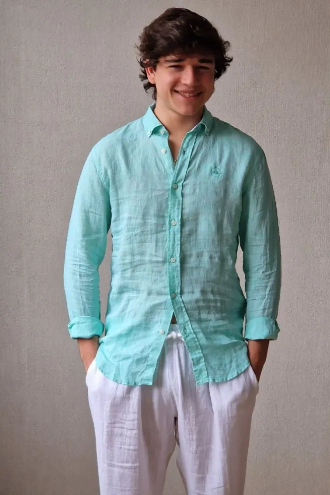 Camisa de lino hombre cuello americano verde mint